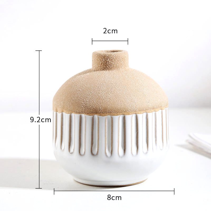 Vase japonais Shizuka sphérique rayé à col sable avec schéma des dimensions