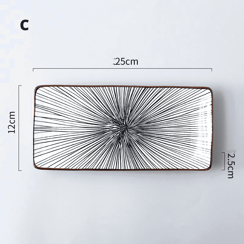 Assiette à sushi rectangulaire modèle C à rayons fins, avec schéma des dimensions