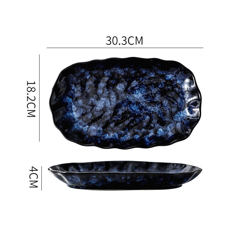 Plateau rectangulaire Mahōtsukai bleu avec schéma des dimensions