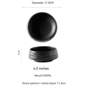 Assiette creuse Takachiho noire à relief pierre, plus petit modèle, vues de dessus et de profil avec schéma des dimensions