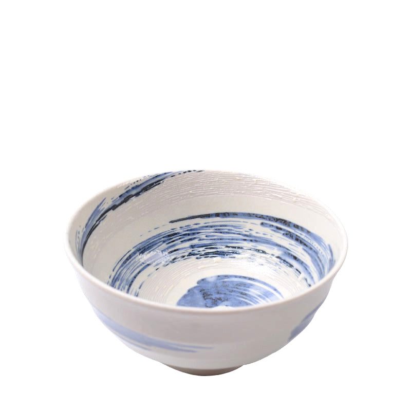 Bol à ramen Konkurīto blanc et bleu de face sur fond blanc