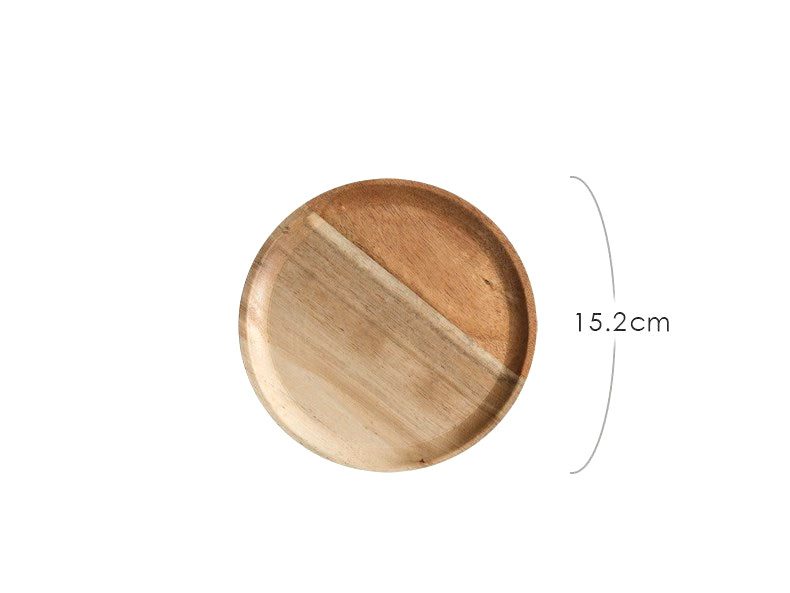 Petit plateau rond Giichi en acacia, avec schéma des dimensions