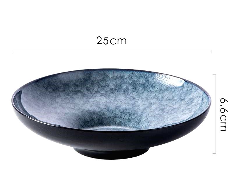 Assiette creuse Seiran finition marbre bleu-gris, avec schéma des dimensions