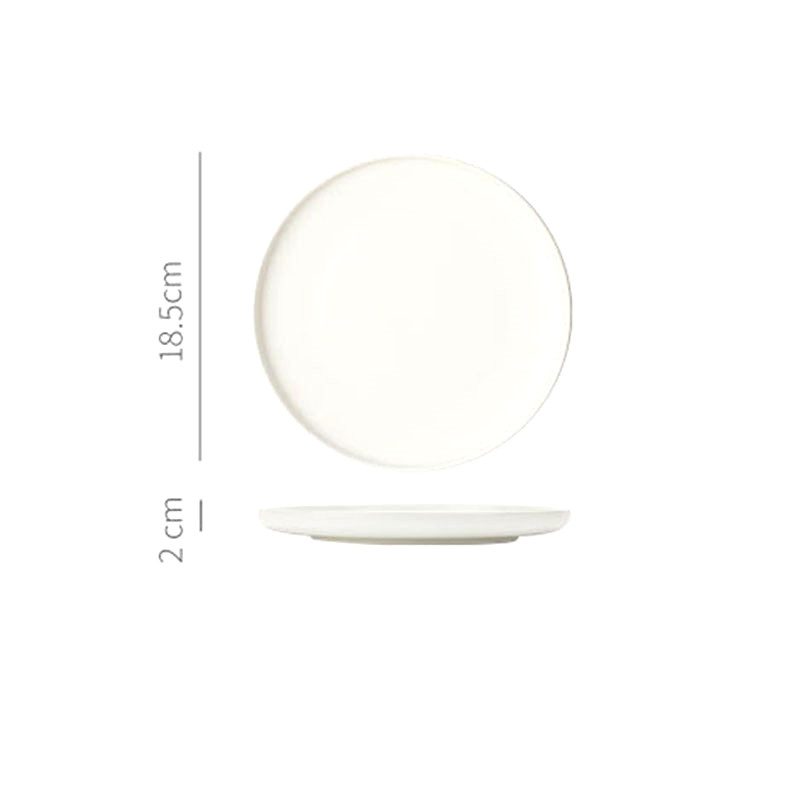 Petite assiette japonaise Okawa blanc mat, vues de dessus et de profil avec schéma des dimensions