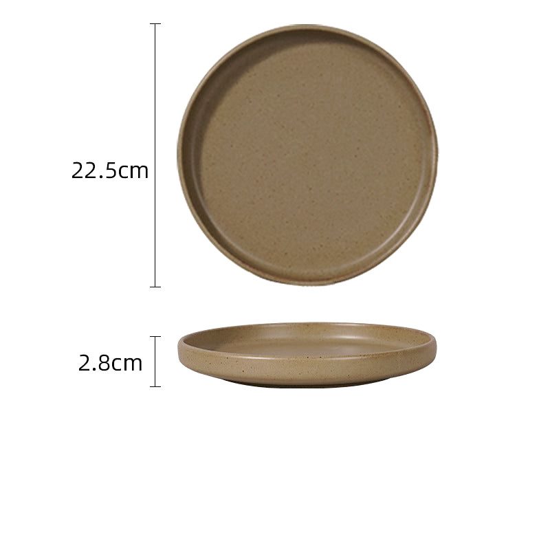 Grande assiette japonaise Kuba beige taupe, vues de dessus et de profil avec schéma des dimensions
