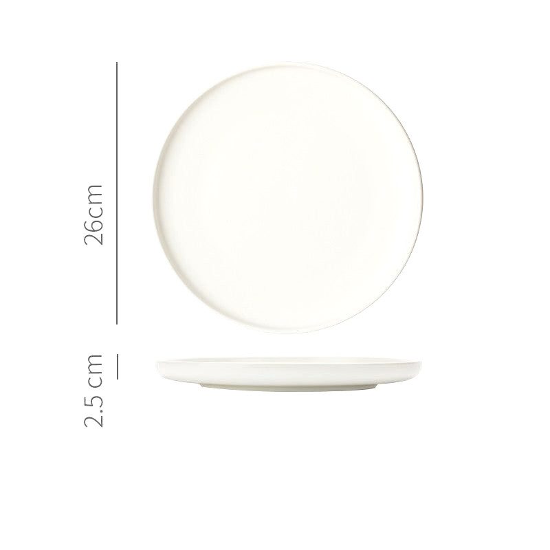 Grande assiette japonaise Okawa blanc mat, vues de dessus et de profil avec schéma des dimensions