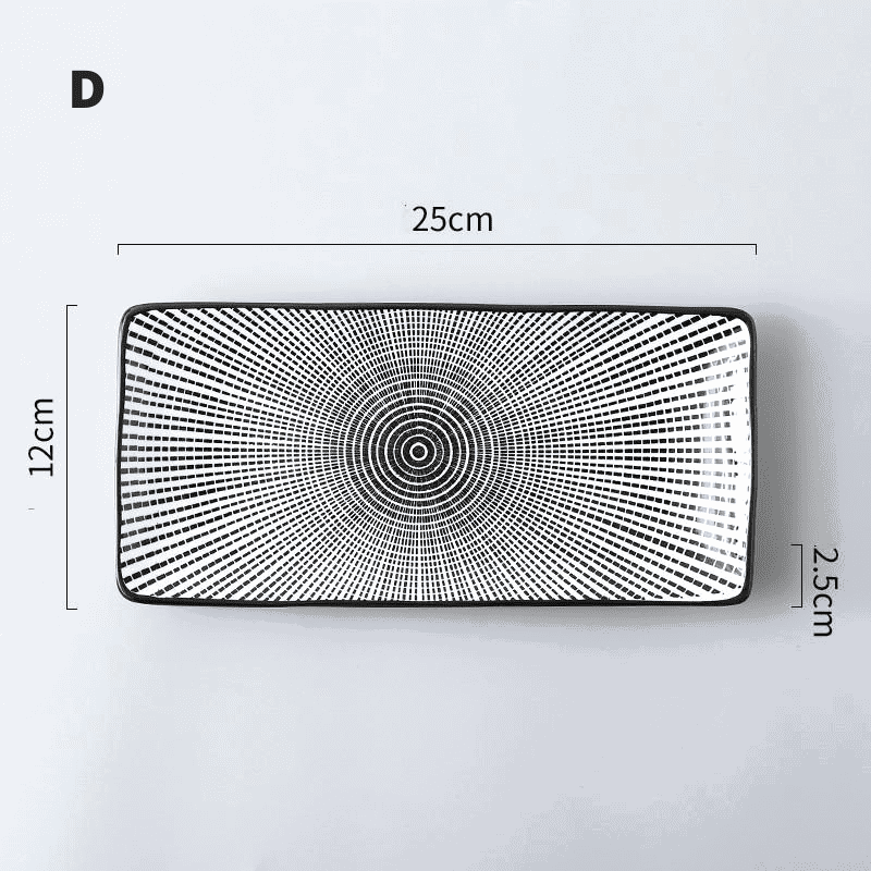 Assiette à sushi rectangulaire modèle D à cercles et rayons, avec schéma des dimensions