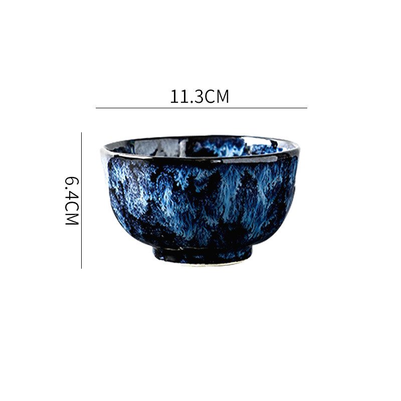 Bol à riz Mahōtsukai bleu vu de profil avec schéma des dimensions
