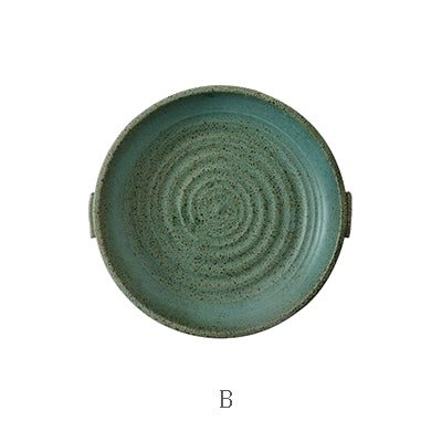 Assiette japonaise Watsuji vert malachite à relief en spirale, vue de dessus, repère B