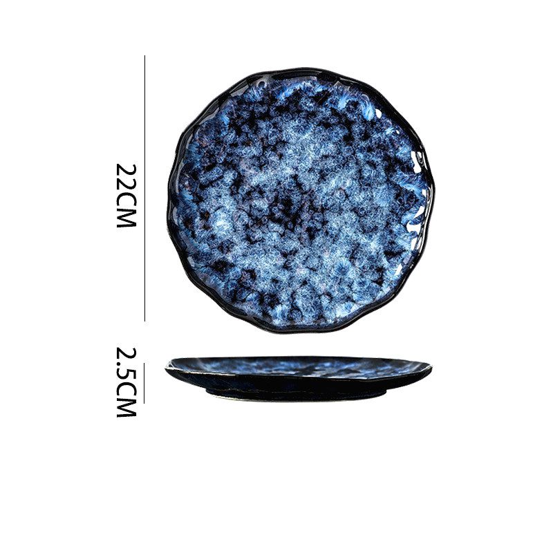 Assiette Mahōtsukai bleu profond, dessus et profil avec schéma des dimensions