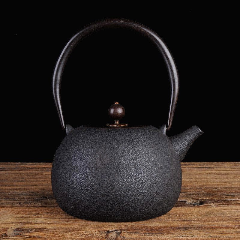 Théière en fonte Daimyo noire granuleuse sur fond noir, cinquième modèle