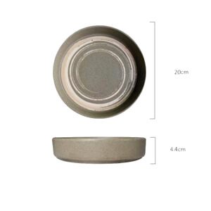 Petite assiette japonaise Azami taupe, vues de dessus et de profil avec schéma des dimensions