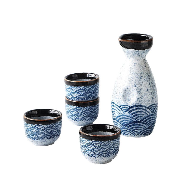 Service à saké Isa à motif de vagues bleues : pichet et quatre tasses