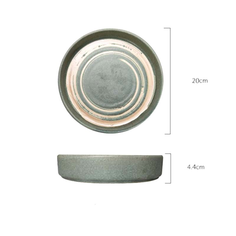 Petite assiette japonaise Azami vert malachite, vues de dessus et de profil avec schéma des dimensions