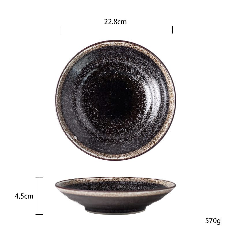 Assiette creuse Honmono noire à bord brun, vues de dessus et de profil avec schéma des dimensions