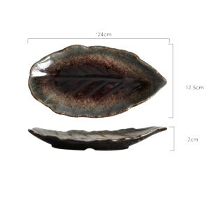 Petite assiette feuille Tsujita brune, vues de dessus et de profil avec schéma des dimensions
