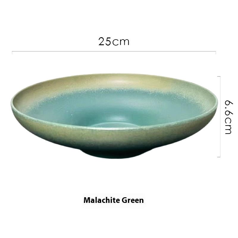 Assiette creuse Seiran vert malachite de profil, avec schéma des dimensions