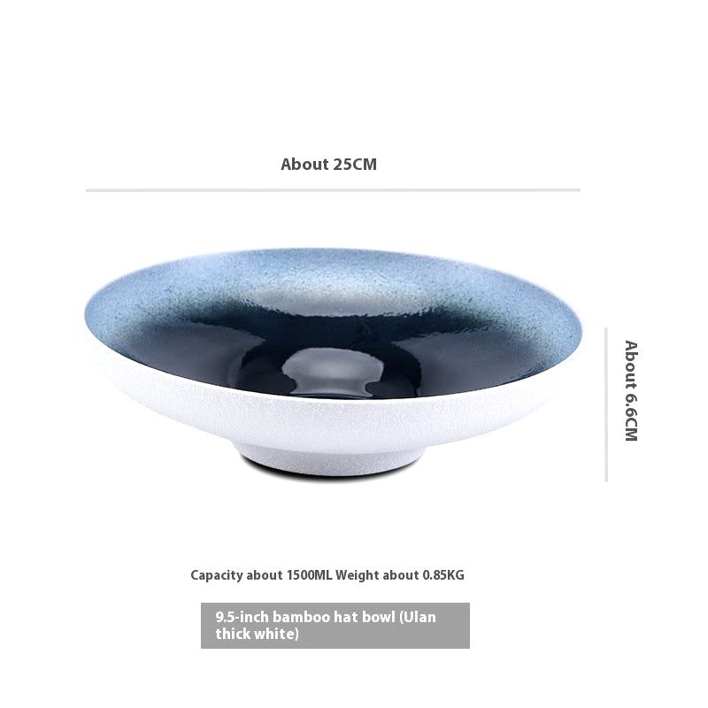 Assiette creuse Seiran bleu et blanc de profil, avec schéma des dimensions