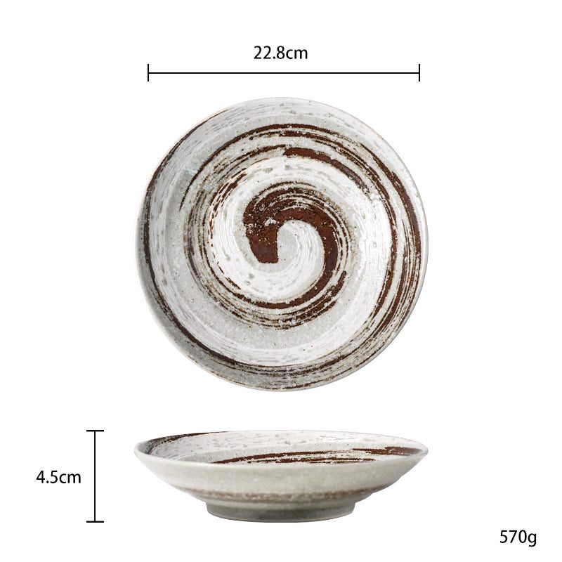 Assiette creuse Honmono blanche à spirale brune, vues de dessus et de profil avec schéma des dimensions