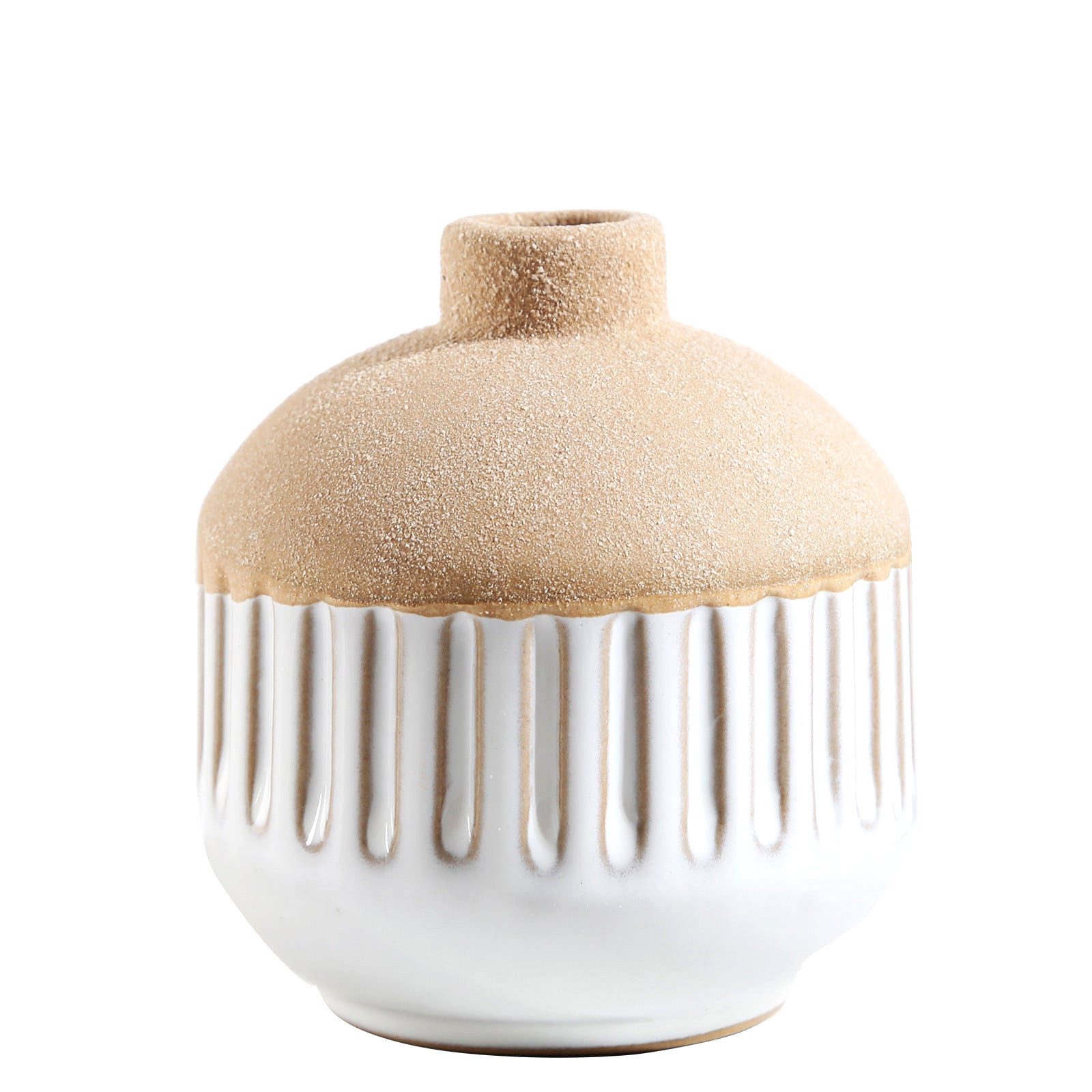 Vase japonais Shizuka sphérique rayé à col sable, vue de face sur fond blanc