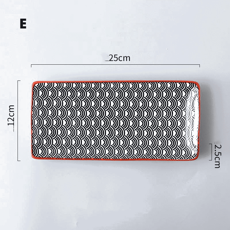Assiette à sushi modèle E à motif de vagues, bord rouge, avec schéma des dimensions