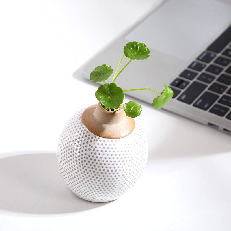Vase japonais Shizuka perlé avec une plante près d'un ordinateur portable