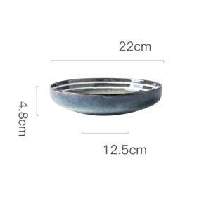 Grande assiette creuse Shintani bleu-vert, vue de profil avec schéma des dimensions