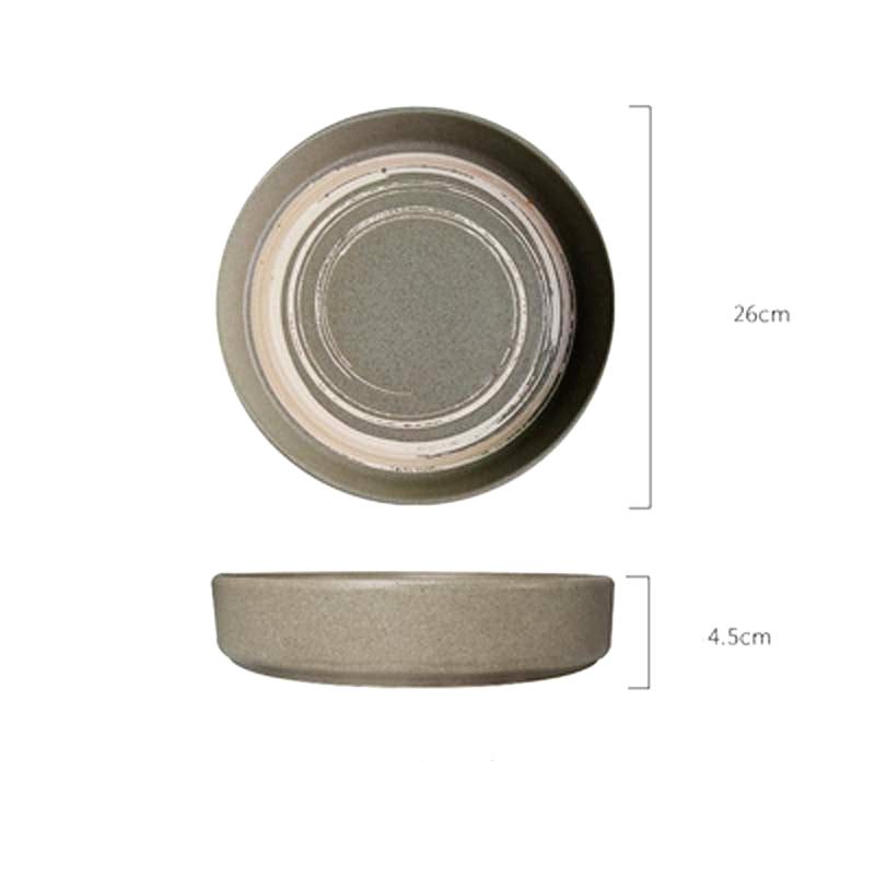 Grande assiette japonaise Azami taupe, vues de dessus et de profil avec schéma des dimensions