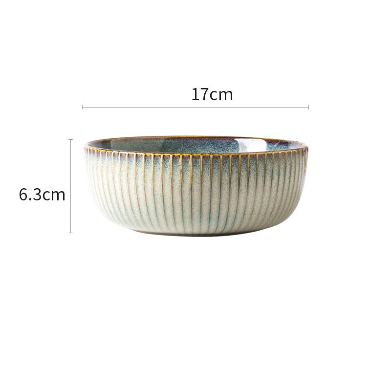 Bol moyen Edano beige strié, vu de profil, avec schéma des dimensions