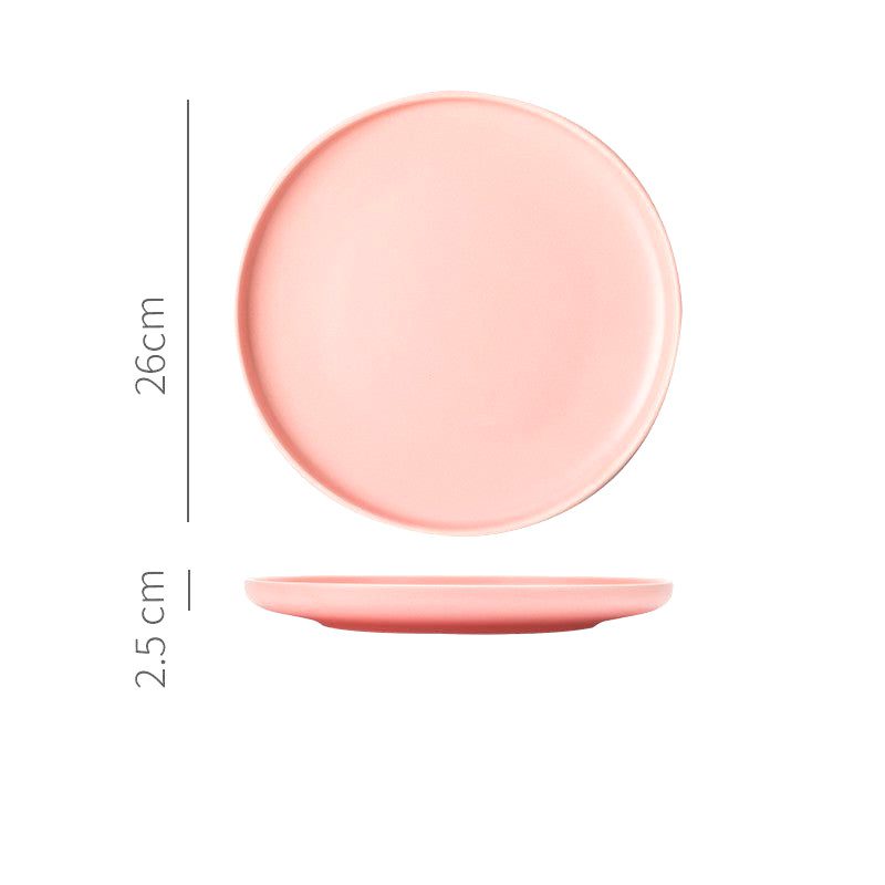 Grande assiette japonaise Okawa rose mat, vues de dessus et de profil avec schéma des dimensions