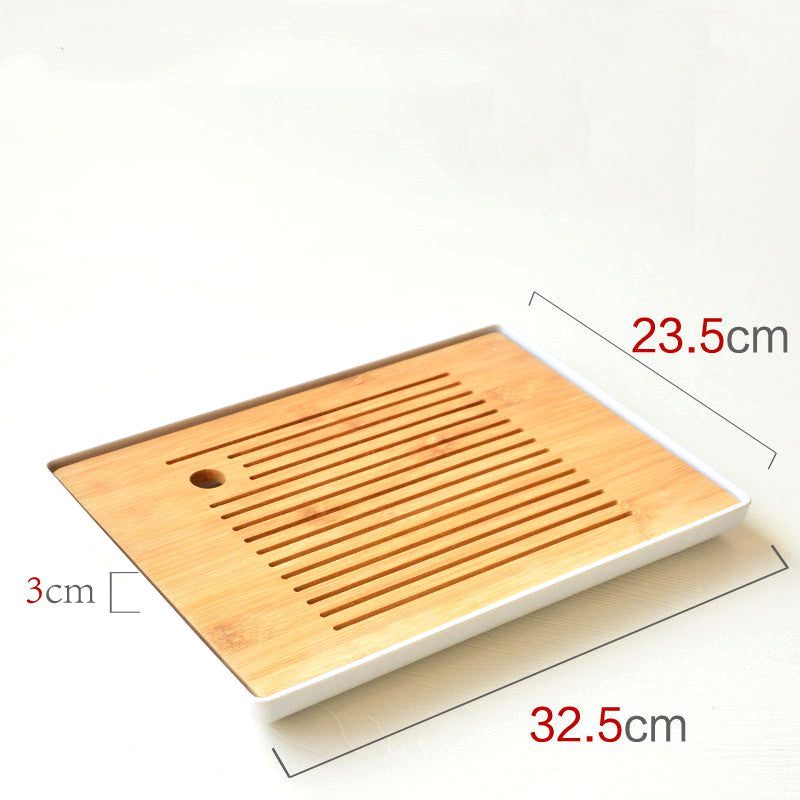 Plateau à thé rectangulaire en bambou, bac blanc, avec schéma des dimensions