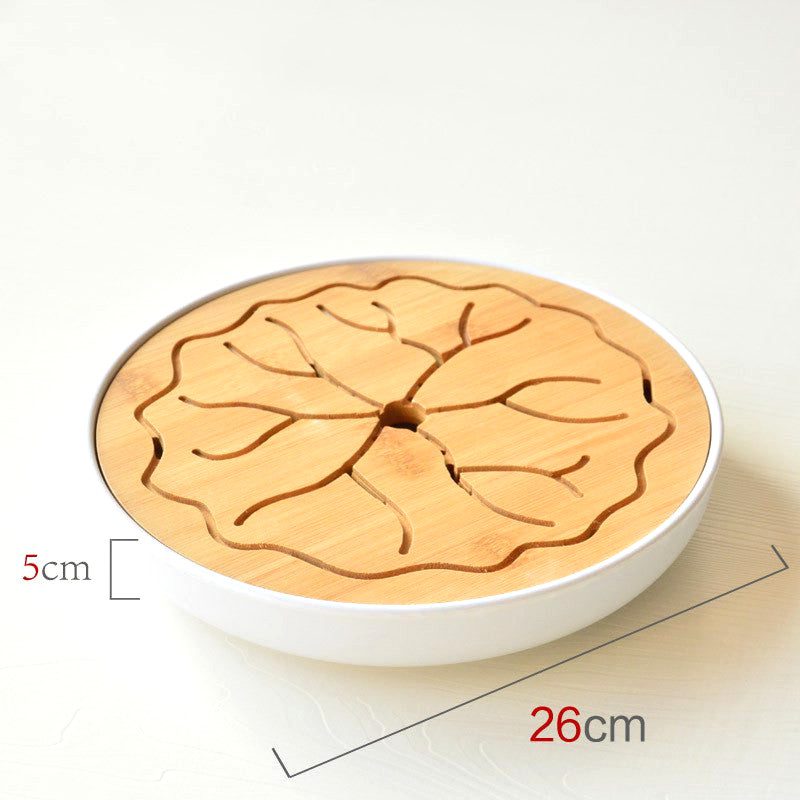 Plateau à thé rond en bambou à motif floral, bac blanc, avec schéma des dimensions