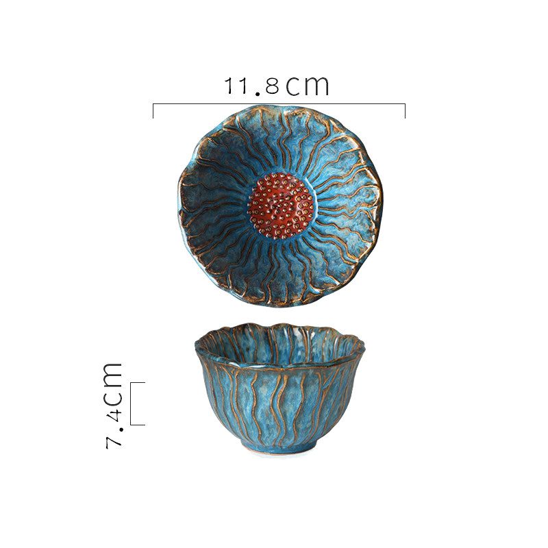 Bol Lotus Wakasa-Wada bleu à cœur rouge, dessus et profil avec schéma des dimensions
