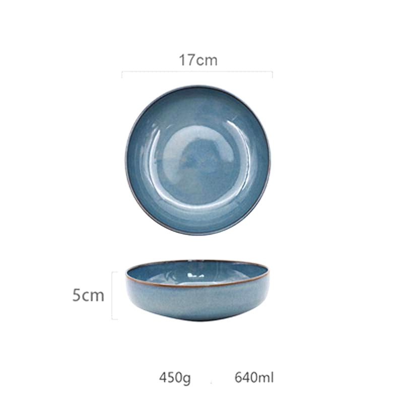 Petite assiette japonaise Chitako bleu gris, vues de dessus et de profil avec schéma des dimensions