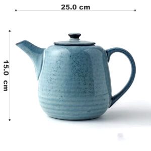 Théière japonaise Aozuru bleue vue de profil avec schéma des dimensions