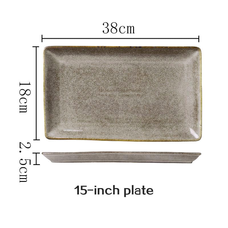 Grande assiette japonaise Kobo rectangulaire grise, vues de dessus et de profil avec schéma des dimensions