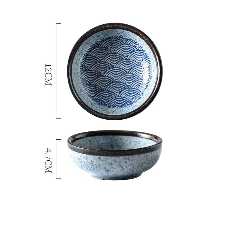 Bol à riz Seigaiha à motif de vagues bleues, vues de dessus et de face avec schéma des dimensions