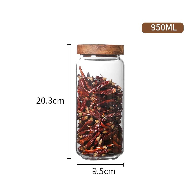 Bocal Akashia rempli de piments séchés, avec schéma des dimensions