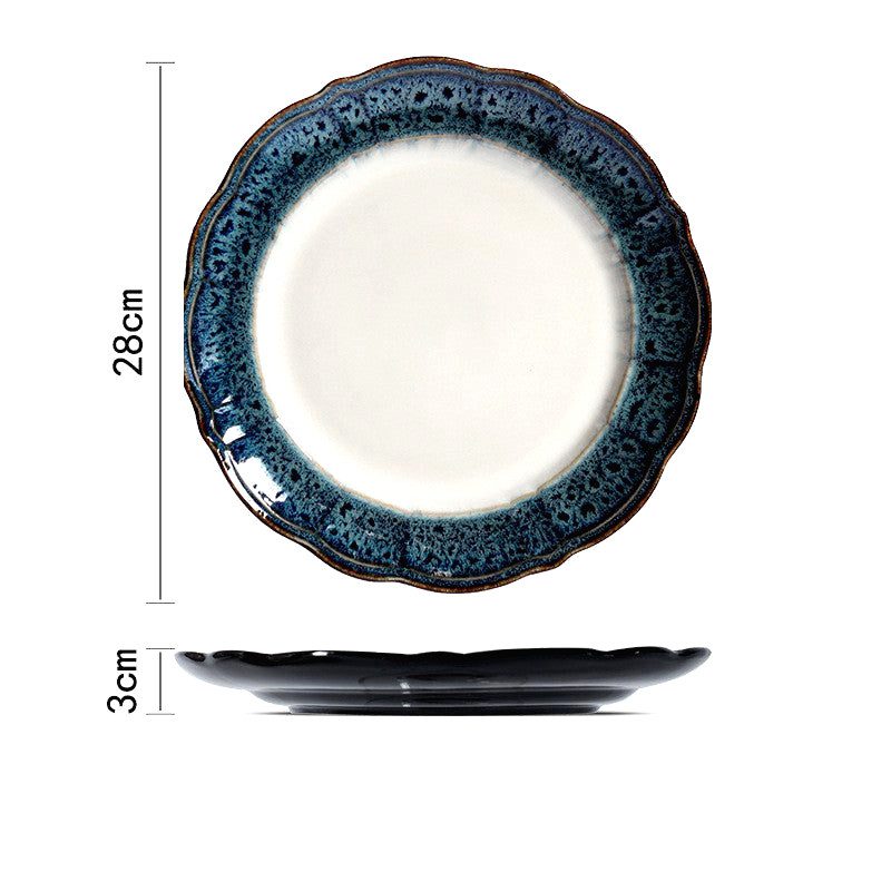 Assiette Kizoku bleue et blanche, dessus et profil avec schéma des dimensions
