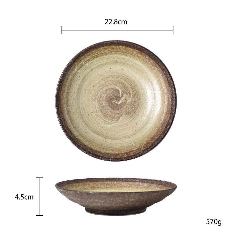 Assiette creuse Honmono beige brossé, vues de dessus et de profil avec schéma des dimensions