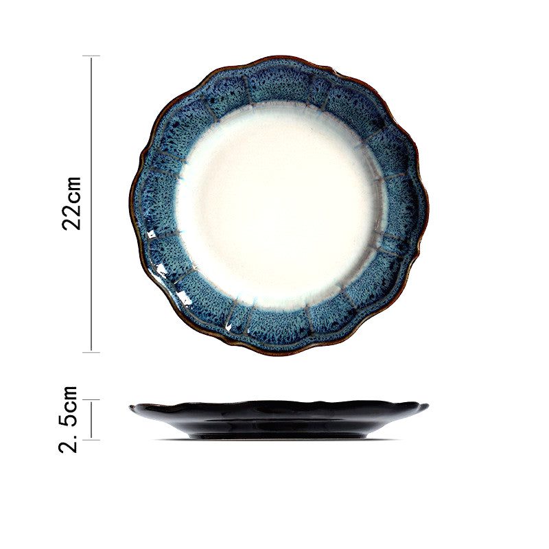 Assiette à dessert Kizoku bleue et blanche avec schéma des dimensions