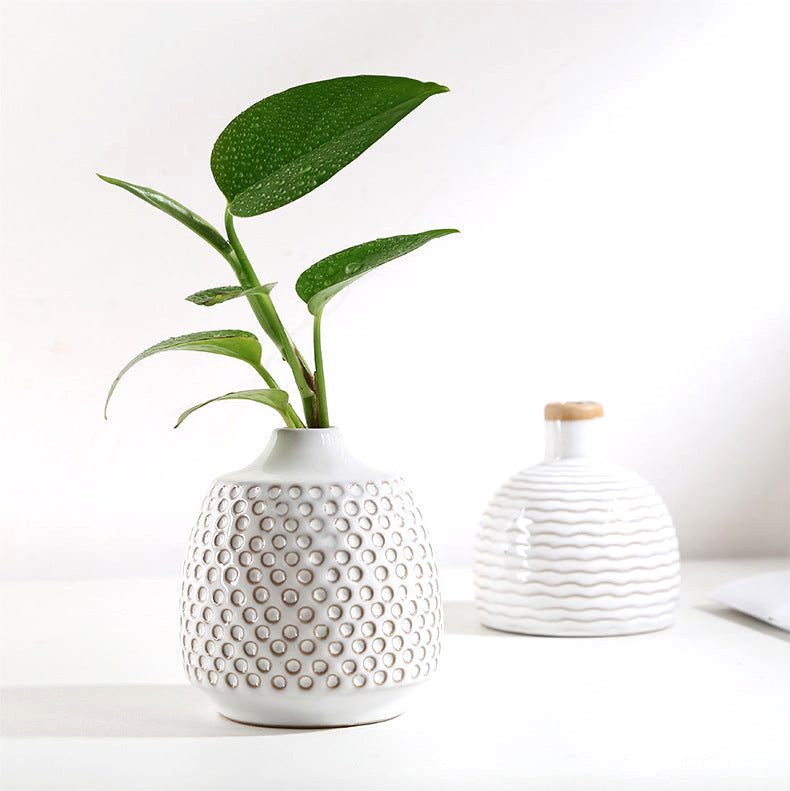 Vase japonais Shizuka perlé avec une plante verte, vase à vagues derrière