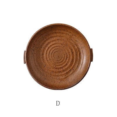 Assiette japonaise Watsuji rouge terre à relief en spirale, vue de dessus, repère D