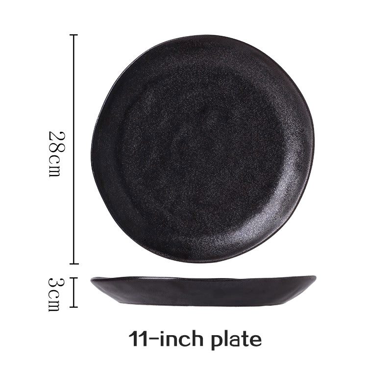 Grande assiette japonaise Kobo ronde noire, vues de dessus et de profil avec schéma des dimensions