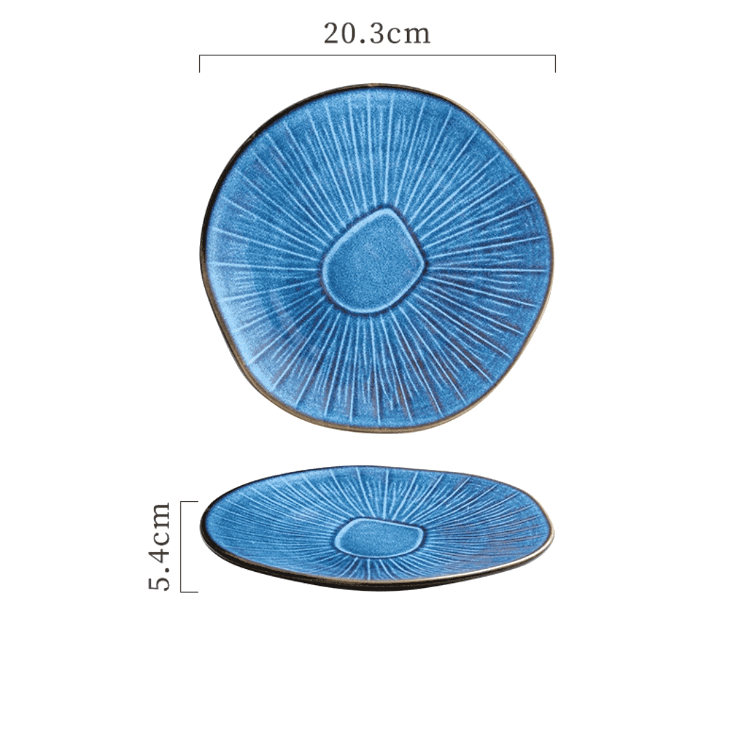 Assiette japonaise Nikkō bleue à stries en relief, vues de dessus et de profil avec schéma des dimensions