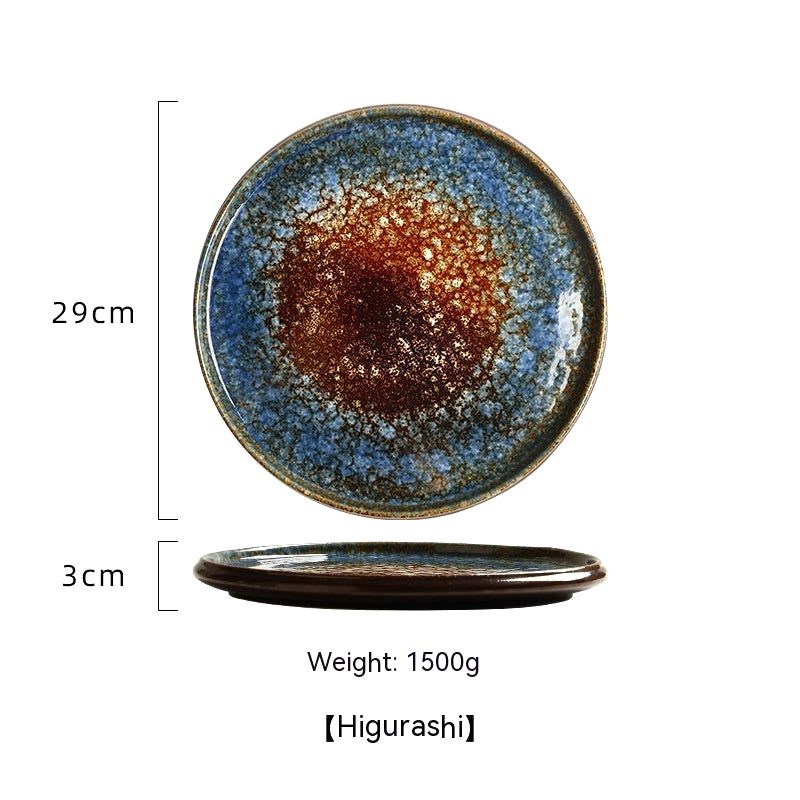 Assiette japonaise Hi to kōri ocre et bleu, vues de dessus et de profil avec schéma des dimensions