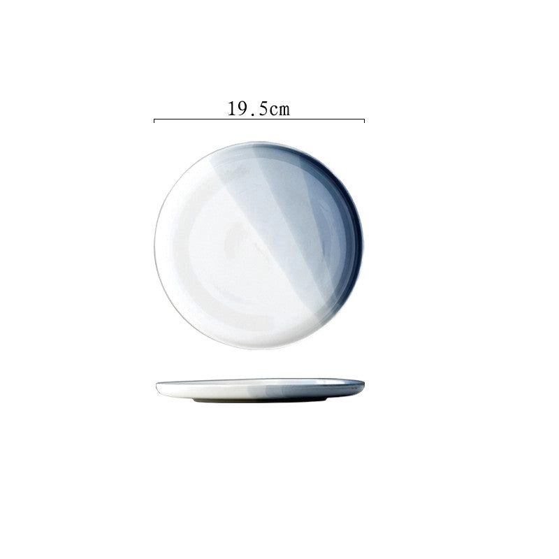 Petite assiette japonaise Benjiro blanche en dégradé bleu, vues de dessus et de profil avec schéma des dimensions
