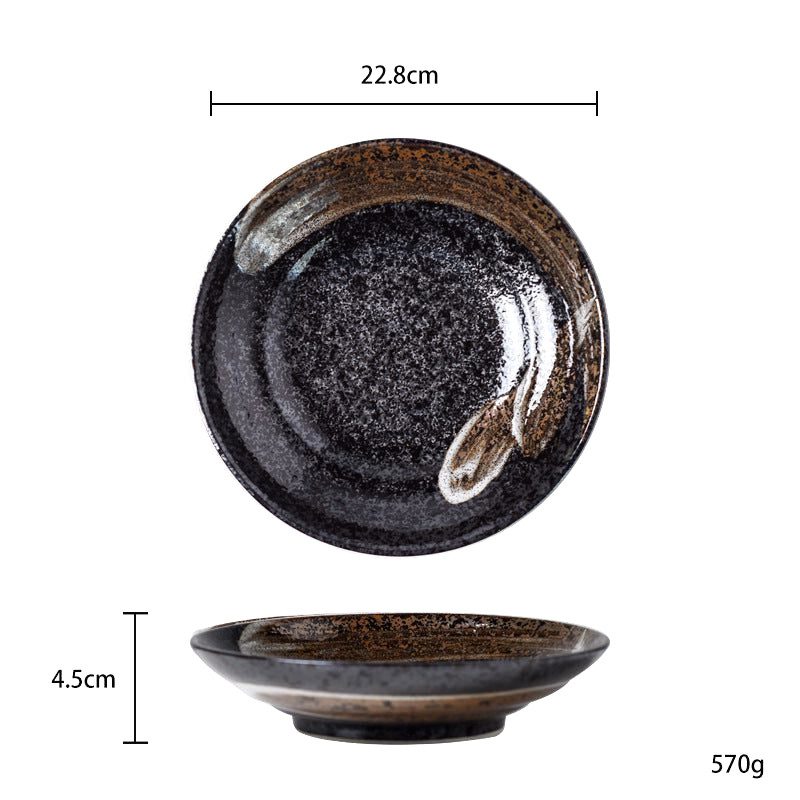 Assiette creuse Honmono noire mouchetée à touche blanche, vues de dessus et de profil avec schéma des dimensions