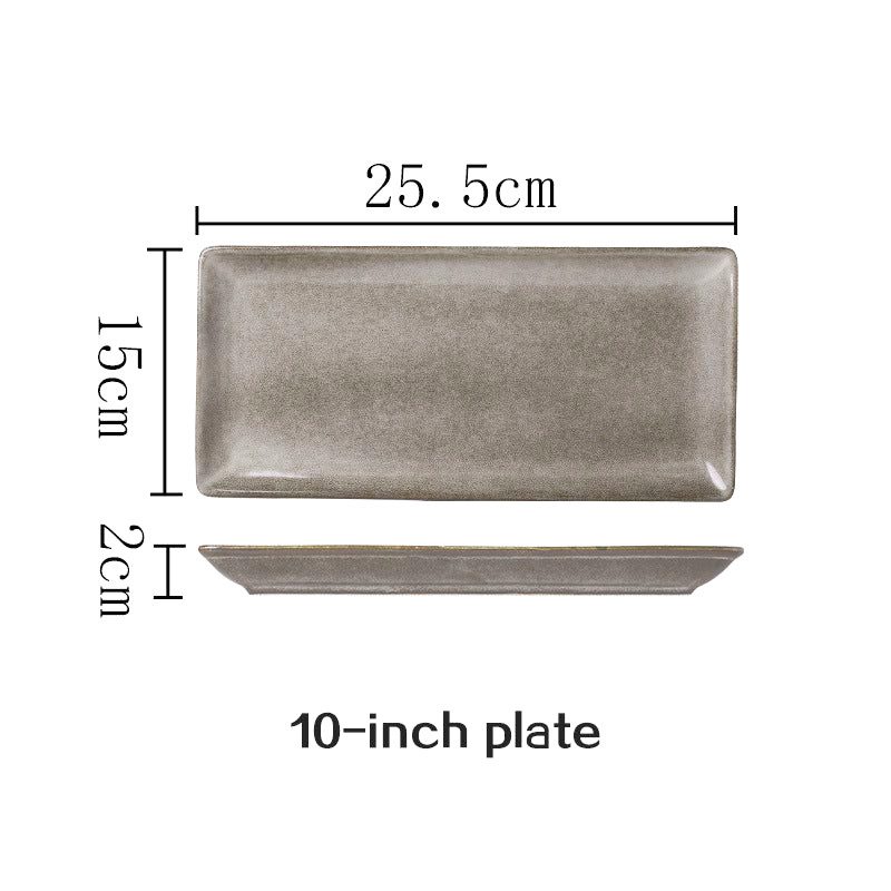 Petite assiette japonaise Kobo rectangulaire grise, vues de dessus et de profil avec schéma des dimensions