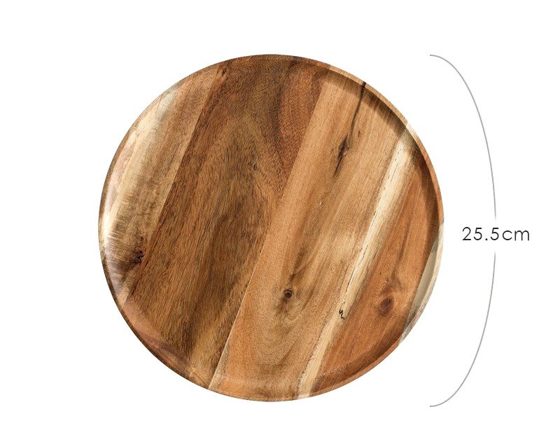 Grand plateau rond Giichi en acacia veiné, avec schéma des dimensions